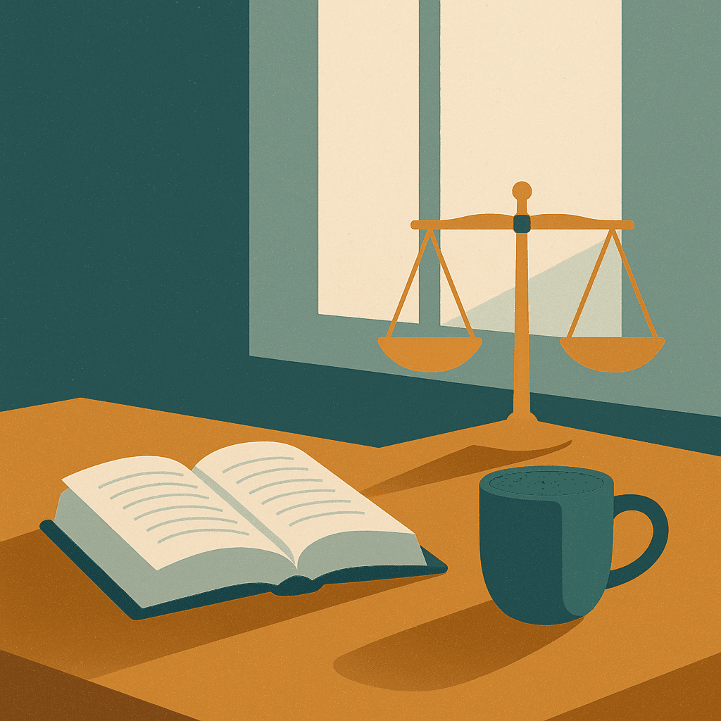 A calm desk with an open book, a cup, and the scales of justice in soft daylight