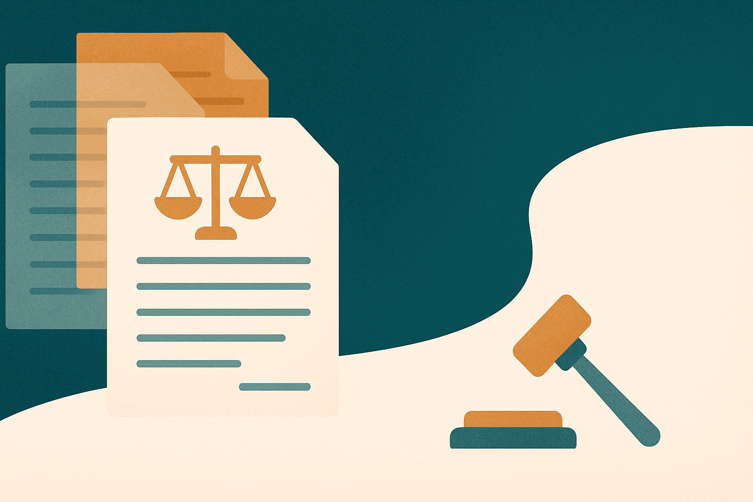 Illustration of legal documents, the scales of justice, and a gavel